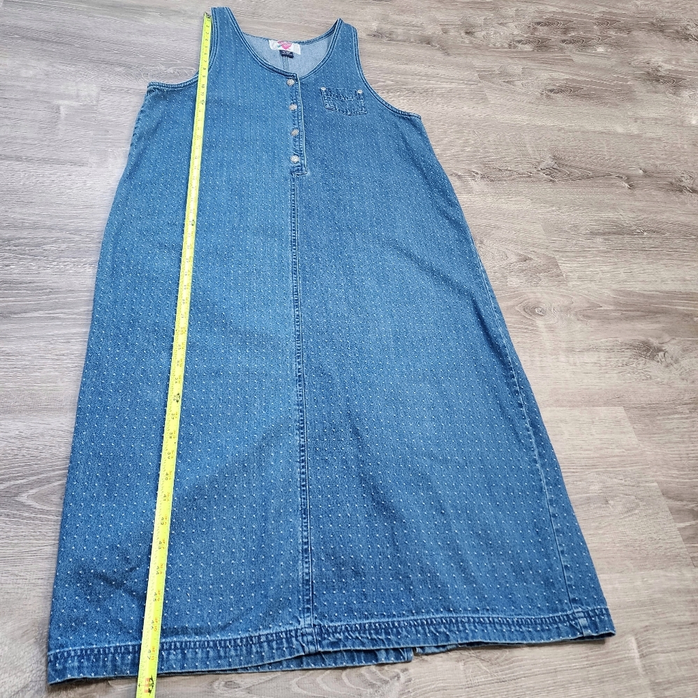VINTAGE KEREN HART Denim Jean White Polka Dot Maxi Sleeveless Dress - Picture 7 of 11